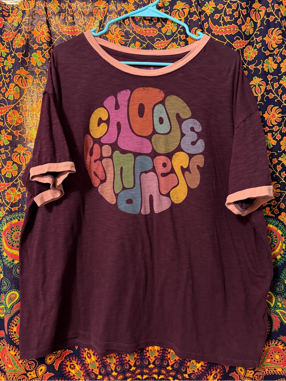 NATURAL LIFE Burgundy Ringer Tee with Peach Trim 'Choose Kindness' Graphic L